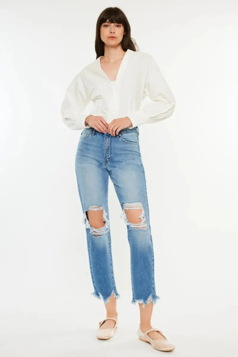 Kancan Distressed Frayed Hem Cropped Jeans for Women - Love Salve